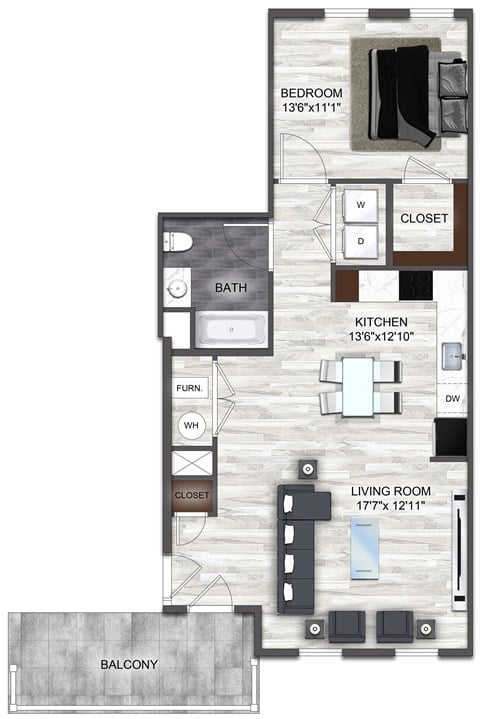 Floor plan for 1 bed, 1 bath, 779 sqft